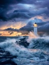 In the embrace of a stormy sky, the lighthouse stands as a nautical beacon, its light piercing through the tumult of