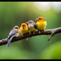 natural panoramic photo with little funny birds and Chicks sitting on a branch in summer garden AI generated