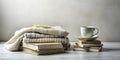 Embrace the Tranquil Art of Reading A Minimalist Home Library Concept Featuring a Simple Book Stack Soft Textures