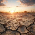 Golden Horizon: AI-Generated Sunset on Dried and Cracked Ground, Embracing Nature\'s Serenity