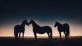 A silhouette of a pair of horses nuzzling each other