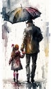 Father-Daughter Bond: Walking Together Through the Rain - Generative AI Royalty Free Stock Photo