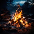 Embrace the Wilderness: A Mesmerizing Photo of a Campfire Burning Brightly in the Dark Forest. Ai generated