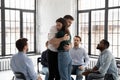 Sad male and female hugging one another on group therapy Royalty Free Stock Photo