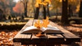 Embracing Autumn\'s Charm with a Book on a Wooden Bench. Generative AI