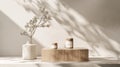Embracing the concept of less is more this Japaneseinspired skincare display features a striking wooden podium against a Royalty Free Stock Photo