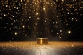 Embracing a festive and celebratory mood, a wooden stage hosts a podium surrounded by suspended golden particles against a black Royalty Free Stock Photo