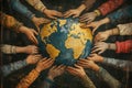 Embracing globe, diverse hands symbolize unity and collaboration across cultures. This artwork reflects shared commitment to Royalty Free Stock Photo