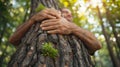 An embracing nature lover holds a trunk tree with a green musk in a tropical woods forest. An organic green background