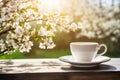 Embracing the tranquil essence of spring a white cup of coffee and a captivating book Royalty Free Stock Photo