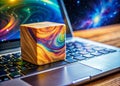 Embracing 2024 Visualizing New Years Goals and Plans with a Surreal Wooden Block on a Laptop