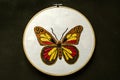Butterfly is embroidered on a white cotton fabric stretched on a wooden Hoop lie on black plywood