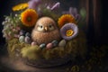 Embroided chick in an easter nest with easter eggs and spring flowers, generative ai