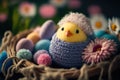 Embroided chick in an easter nest with easter eggs and spring flowers, generative ai