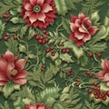 Embroided seamless pattern with red flowers, created with generative AI