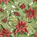 Embroided seamless pattern with red flowers, created with generative AI