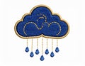 Embroidered Blue Denim Cloud with Gold Rain Drops Royalty Free Stock Photo