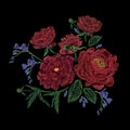 Embroidered composition with peonies, wild and garden flowers, buds and leaves. Satin stitch embroidery, floral design Royalty Free Stock Photo
