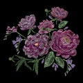 Embroidered composition with peonies, wild and garden flowers, buds and leaves. Satin stitch embroidery, floral design