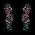 Embroidered composition with roses, wildflowers, leaves and dragonfly. Satin stitch embroidery floral design on black