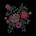 Embroidered composition with wild and garden flowers, buds and leaves. Satin stitch embroidery floral design on black Royalty Free Stock Photo