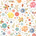 Embroidered floral design. Seamless vector pattern with colorful flowers and leaves on white background. Swatch for textile Royalty Free Stock Photo