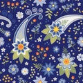 Embroidered flowers on blue canvas. Floral seamless pattern with beautiful embroidery. Fancywork design. Vector. Print for fabric