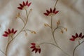 Embroidered flowers on white fabric from above