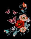 Embroidered folk ornament of orange roses and butterfly