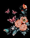 Embroidered folk ornament of orange roses, butterfly and other wildflowers