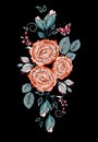 Embroidered folk ornament of orange roses, butterfly and other wildflowers