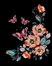 Embroidered folk ornament of orange roses, red butterfly and other wildflowers