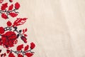 Embroidered good like old handmade cross-stitch ethnic Ukraine pattern. Ukrainian rushnyk . Red version over white Royalty Free Stock Photo
