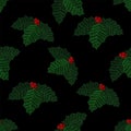 Embroidered mistletoe seamless pattern. Vector fashion embroidery for Christmas decoration