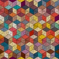 Embroidered patchwork seamless pattern. Bohemian print for textiles. Geometric ornament of colored hexagons.