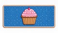 Embroidered Pink Cupcake with Cherry Topping on Blue Dotted Rectangle Patch Illustration Royalty Free Stock Photo