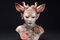 Embroidered rose coral figure kitsune masked creature. Generate ai