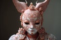 Embroidered rose coral kitsune masked female with big ears. Generate ai