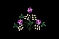 Pattern satin stitch bouquet of twigs with white small flowers and purple violets  on black background Royalty Free Stock Photo