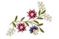 Embroidered satin stitch wavy sprig with pink- red and purple cornflowers and white flowers on white background