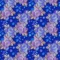 Embroidered seamless pattern with diagonal lines from roses flowers on blue background with floral ornament Royalty Free Stock Photo