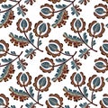 Embroidered seamless pattern. Isolated branches of flowers on a white background. Bohemian print for textiles and home decor.