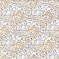 Embroidered seamless pattern. Wavy bohemian print for home decor, pillows, carpets. Paisley style seigaiha ornament. Vector