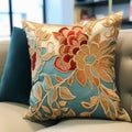 Embroidered Silk Flower Cushion For Elegant Home Decor