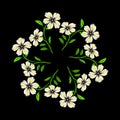 Embroidered white flowers on black background