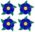 Needlework. Embroidery-appliquÃ© blue flower with green leaves. Different moments of embroidery. Vector. Exclusive.