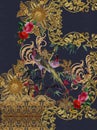 Embroidery baroque gold bird jeans texture