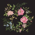 Embroidery beautiful floral pattern with roses, peony and forget