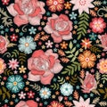 Embroidery. Beautiful seamless pattern with embroidered roses and garden flowers Royalty Free Stock Photo