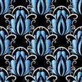 Embroidery blue Damask vector seamless pattern. Tapestry ornamental floral background. Embroidered ornaments in ethnic style. Abs Royalty Free Stock Photo